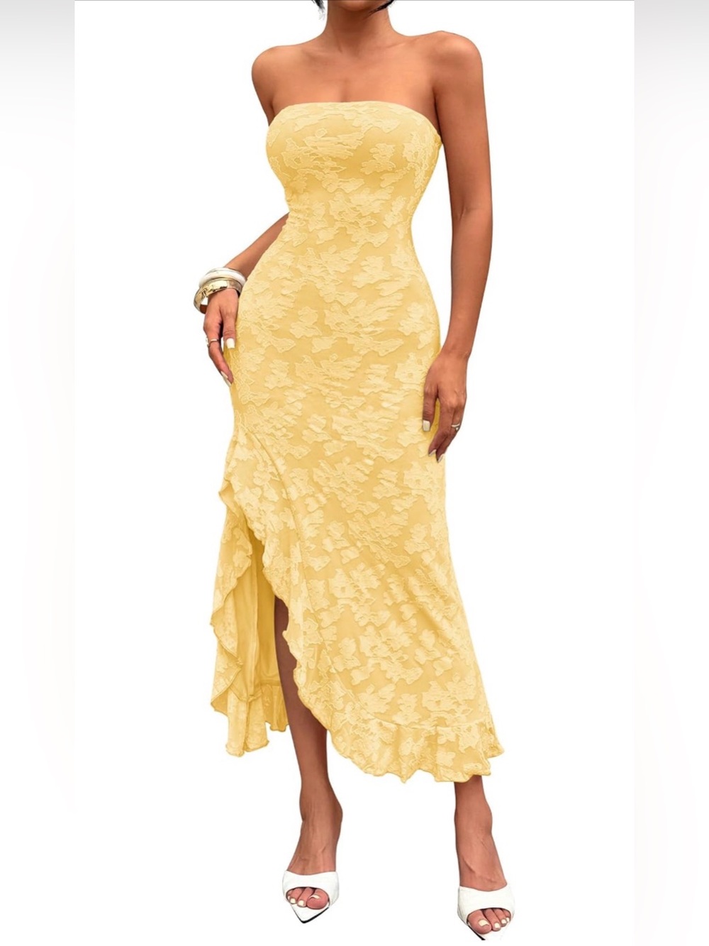 IWD Yellow Floral Strapless High Low Ruffle Maxi Dress NWT S